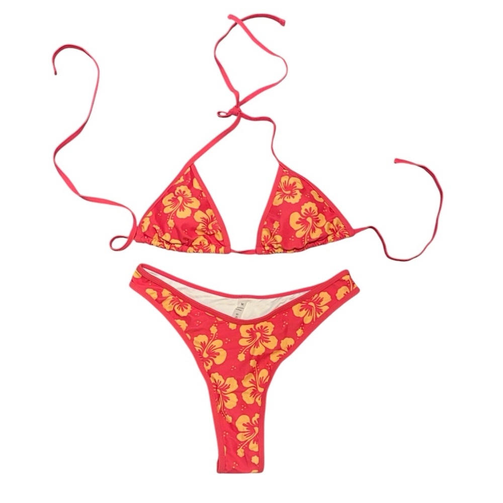 Floral Thong Bikini Set in hot pink and light orange